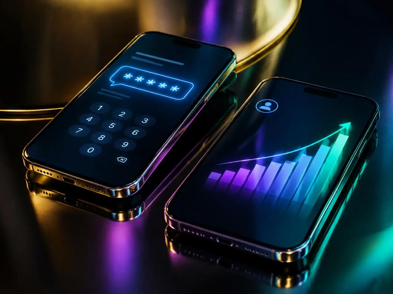 Phones showing a growth chart and a verification code